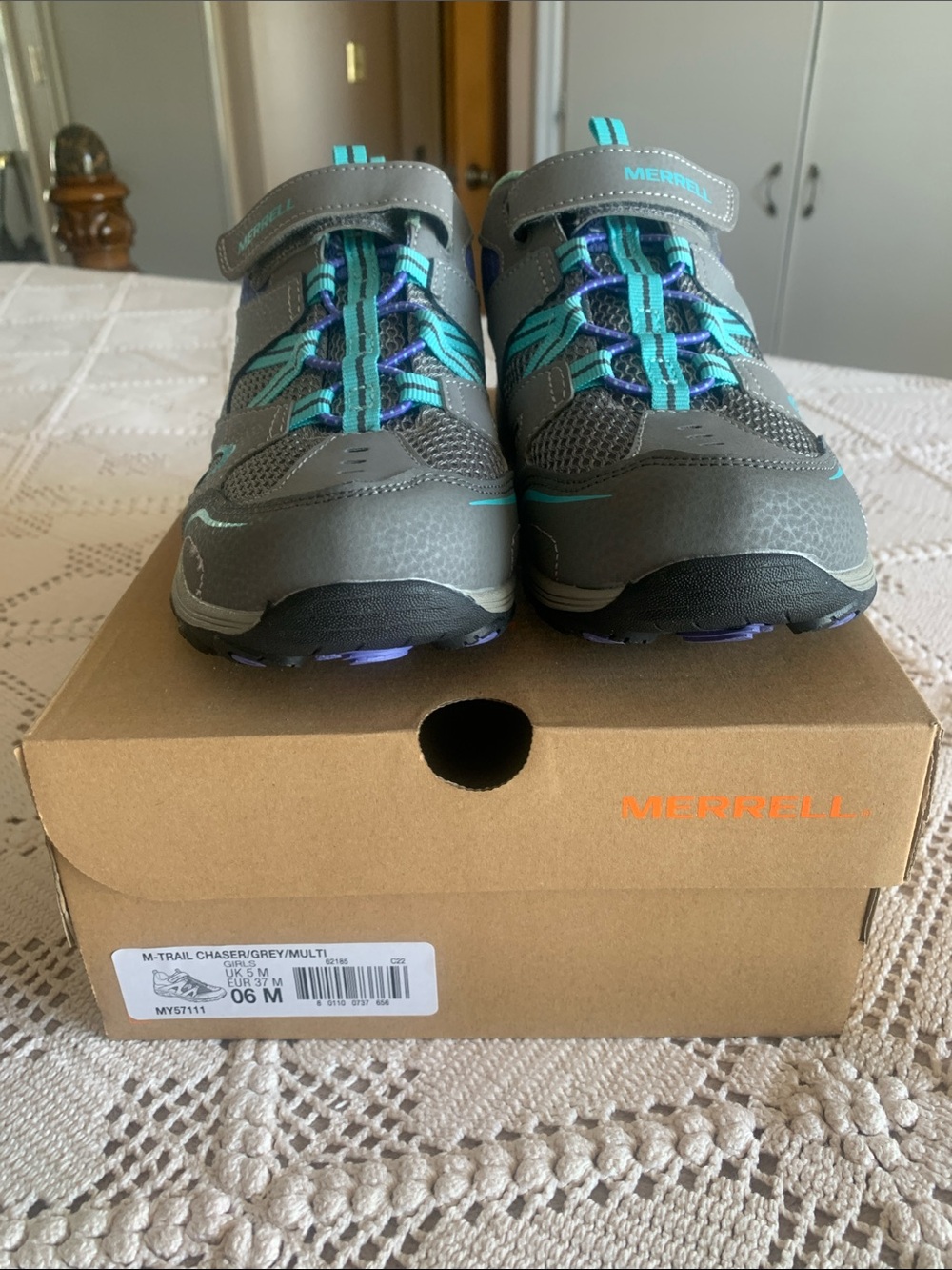 Merrell Kids Grey with Teal and Purple Trail Sneakers